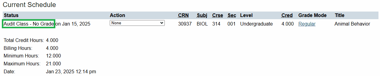 Current Schedule Audit Class No Grade Status