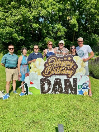 Pat Aylward C’97, Jennifer Jones C’97, Sara (Hall) Philips C’97, Brian Nell C’97, Kristine (Papachristos) Ilaria C’00, and Dan Ilaria C’97 celebrating Dan’s milestone birthday