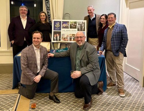 David Cennimo C’97, Patrick Aylward C’97, Marti Winer C'97,G'17, Brian Nell C’97, Dan Ilaria, Kristine (Papachristos) Ilaria C’00, and J.D. Urbach C’97 celebrating Patrick Aylward’s birthday