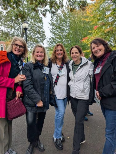 Leslie (Rushton) Cerf C’85, Ann Kilbride-McCarthy C’86, Elizabeth (Spirakis) Benack C’85, Pamela Goldsmith C’85, and Denise (Browne) Driscoll C’85 at Rangers Reunite: Alumni Weekend