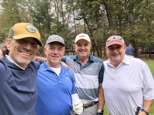 Paul Cocja, Stewart Hollingshead, Josh Abrams, and Ken Krasnow (all C’88) in the Poconos